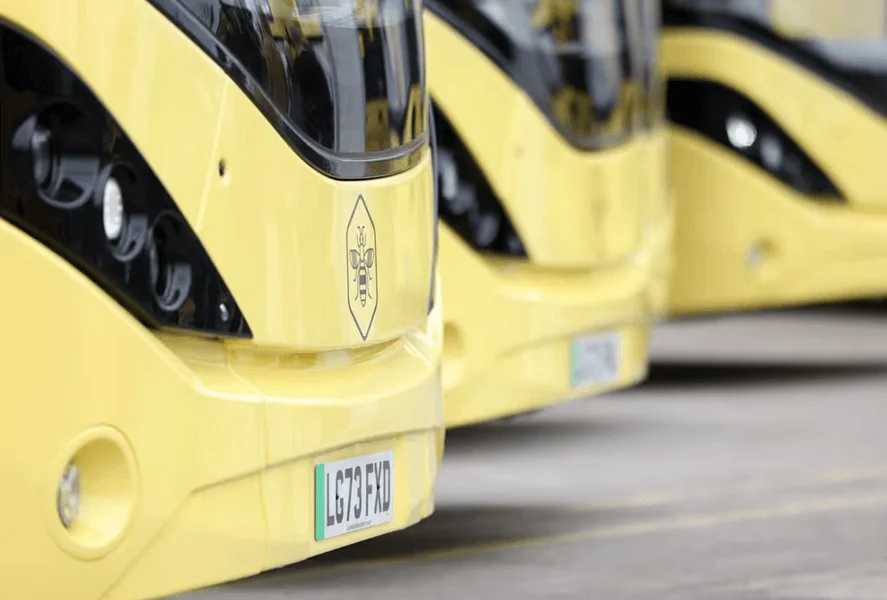 An image of several black and yellow buses lined up.